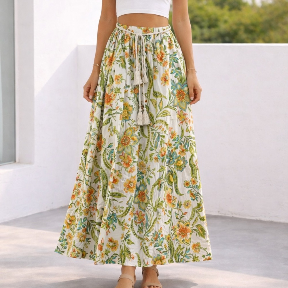 Maxi A-Line Skirt in Orange and Green with Tie Front